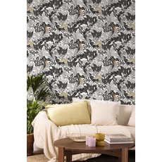 Kép 3/3 - Caselio Trópusi erdő mintás fekete-fehér vlies tapéta Borneo Noir Blanc Or 53 cm X 10 m