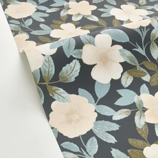 Kép 2/3 - Caselio Virág mintás kék-fekete vinyl tapéta Gaia Bleu Grise Fond Noir 53 cm X 10 m