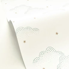 Kép 2/3 - Caselio Felhő mintás fehér vlies tapéta csillagokkal S'Evader Menthe 53 cm X 10 m