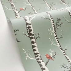 Kép 2/3 - Caselio Erdő mintás zöld vlies taptéa madarakkal Escalader Vert De Gris 53 cm X 10 m