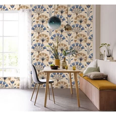 Kép 3/3 - Caselio Virág mintás elegáns bézs-kék vinyl tapéta Majestic Bleu Canard Dore 53 cm X 10 m