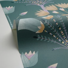 Kép 2/3 - Caselio Virág mintás elegáns zöld-lila vinyl tapéta Majestic Vert Emeraude Violet 53 cm X 10 m