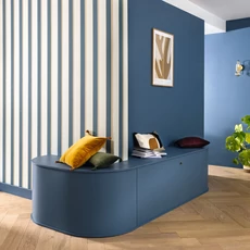 Kép 3/3 - Caselio Elegáns csíkos kék vinyl tapéta barnaszegéllyel Linear Bleu 53 cm X 10 m