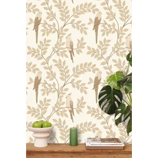 Kép 3/3 - Caselio Levél mintás bézs vinyl tapéta papagájjal Equateur Beige 53 cm X 10 m