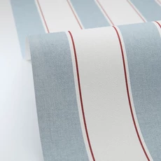 Kép 2/3 - Caselio Elegáns csíkos kék vinyl tapéta piros szegéllyel Classic Lines Bleu Ciel 53 cm X 10 m