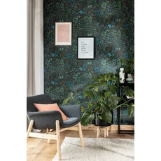 Kép 2/3 - Caselio Modern levél mintás kék-fekete vinyl tapéta Green Life Joy Vert Bleu Or Fond Noir 53 cm X 10 m