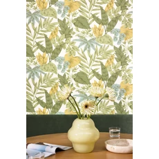 Kép 3/3 - Caselio Levélmintás zöld-sárga vinyl tapéta Kalea Vert Jaune 53 cm X 10 m