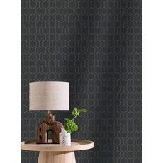 Kép 3/3 - Caselio Geometriai mintás modern fekete-arany vlies tapéta Hexaline Noir Or 53 cm X 10 m