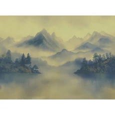 Kép 1/2 - JV Ködös hegycsúcsok kék-sárga vinyl poszter tapéta Huangshan Gold 400 cm X 3 m