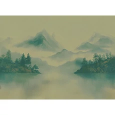 Kép 1/2 - JV Ködös hegycsúcsok zöld vinyl poszter tapéta Huangshan Green 400 cm X 3 m