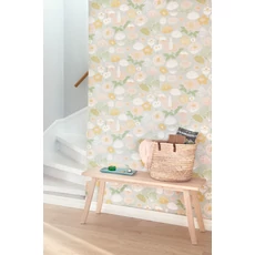 Kép 2/4 - Majvillan Virág mintás nyuszis szürke-sárga vlies gyerek tapéta Little Light Grey 53 cm X 10 m