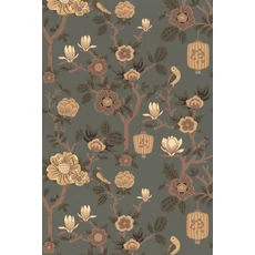 Kép 9/10 - Virágos zöldes kék vlies tapéta Majvillan Tokyo tea Moonlight Pine Green 53 cm X 10 m