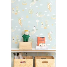 Kép 8/9 - Majvillan Repülő sárkányok kék vlies gyerek tapéta Magical Adventure Dusty Blue 53 cm X 10 m