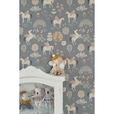 Kép 5/5 - Majvillan Vidám unikornosok kék vlies gyerek tapéta True Unicorns Evening Blue 53 cm X 10 m