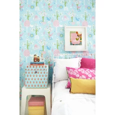 Kép 3/3 - Majvillan Madárkás vidám türkiz vlies gyerek tapéta Cherry Valley Yellow 53 cm X 10 m