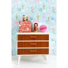 Kép 2/3 - Majvillan Madárkás vidám türkiz vlies gyerek tapéta Cherry Valley Yellow 53 cm X 10 m