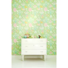 Kép 2/3 - Majvillan Madárkás vidám zöld vlies gyerek tapéta Cherry Valley Yellow 53 cm X 10 m