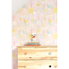 Kép 2/3 - Majvillan Madárkás vidám rózsaszín vlies gyerek tapéta Cherry Valley Yellow 53 cm X 10 m