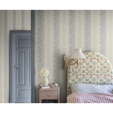 Kép 3/3 - Sandberg Virágfüzéres vintage csíkos kék vlies tapéta Natalie Blue 53 cm X 10 m