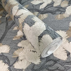 Kép 4/5 - Sketchtwenty3 Ginkgo fás elegáns szövethatású kék-bézs vlies tapéta Jacinta Denim 53 cm X 10 m