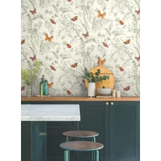 Kép 2/6 - York Pillangók trópusi leveleken zöld-sárga vlies tapéta Papillon Green 68,58 cm X 8,22 m