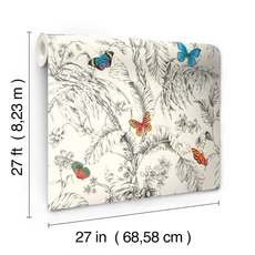 Kép 5/6 - York Pillangók trópusi leveleken fekete-kék vlies tapéta Papillon Primary 68,58 cm X 8,22 m