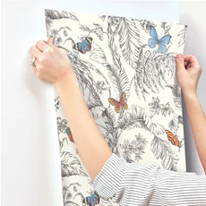 Kép 6/6 - York Pillangók trópusi leveleken fekete-kék vlies tapéta Papillon Primary 68,58 cm X 8,22 m