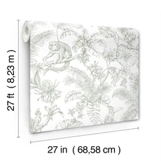 Kép 5/6 - York Trópusi erdő majmokkal zöld-fehér monokróm vlies tapéta Tropical Sketch Toile Forest 68,58 cm X 8,22 m