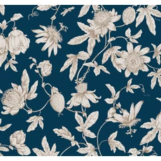 Kép 1/6 - York Egzotikus viráginda sötétkék vlies tapéta Passion Flower Toile Navy 68,58 cm X 8,22 m