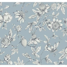 Kép 1/6 - York Egzotikus viráginda kék vlies tapéta Passion Flower Toile Sky 68,58 cm X 8,22 m