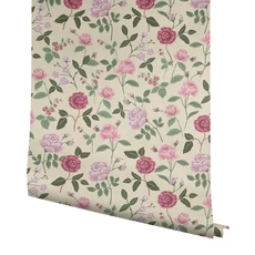 Kép 4/7 - York Rózsa mintás lila-bézs vlies tapéta Roses Linen 68,58 cm X 8,22 m