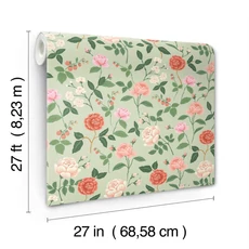 Kép 6/7 - York Rózsa mintás zöld-piros vlies tapéta Roses Mint 68,58 cm X 8,22 m