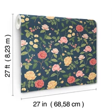 Kép 6/7 - York Rózsa mintás sötétkék-sárga vlies tapéta Roses Navy 68,58 cm X 8,22 m
