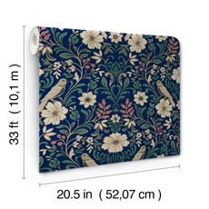 Kép 4/5 - York Szecessziós stílusú madaras sötétkék vlies tapéta Colette Navy 52 cm X 10 m