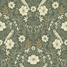 Kép 1/5 - York Szecessziós stílusú madaras olivazöld vlies tapéta Colette Olive 52 cm X 10 m