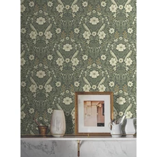 Kép 2/5 - York Szecessziós stílusú madaras olivazöld vlies tapéta Colette Olive 52 cm X 10 m