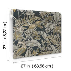 Kép 4/5 - York Virágos fekete vlies tapéta darumadarakkal Heronwood Black 68,58 cm X 8,22 m