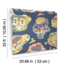 Kép 3/4 - York Házikók és autók sötétkék vlies gyerek tapéta Staden Dark Blue 53 cm X 10 m