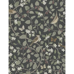 Boras Levél indás madaras fekete vlies tapéta Sångfåglar Black 49 cm X 10 m