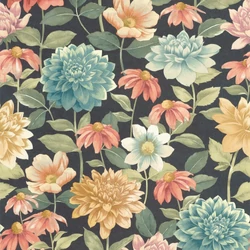 Casadeco Nagy virág mintás kék-fekete vlies tapéta Dahlia Bouquet Fond Noir 53 cm X 10 m