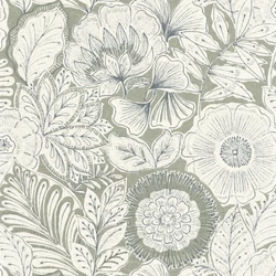 Casadeco Szövethatású virág mintás fehér-zöld vinyl tapéta Batik Vert Sauge 53 cm X 10 m