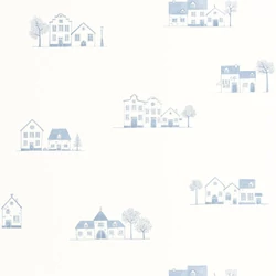 Casadeco Házikó mintás kék-fehér vlies tapéta Walk In The Village Bleu Doux 53 cm X 10 m