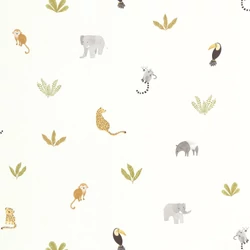 Casadeco Apró állatmintás zöld-fehér vlies tapéta Companions Of The Jungle Vert Feuille 53 cm X 10 m