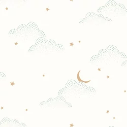 Caselio Felhő mintás fehér vlies tapéta csillagokkal S'Evader Menthe 53 cm X 10 m