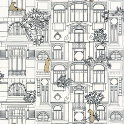 Caselio Épület mintás art deco fehér-fekete vinyl tapéta párduccal James Noir Blanc Or 53 cm X 10 m