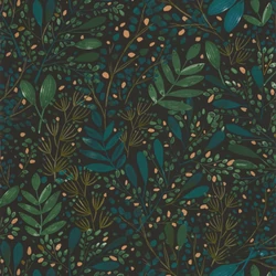 Caselio Modern levél mintás kék-fekete vinyl tapéta Green Life Joy Vert Bleu Or Fond Noir 53 cm X 10 m