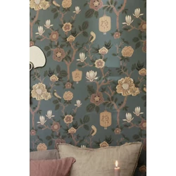 Virágos zöldes kék vlies tapéta Majvillan Tokyo tea Moonlight Pine Green 53 cm X 10 m