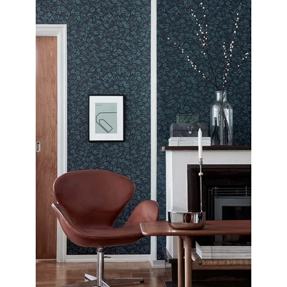 Boras Levél mintás modern kék-fekete vlies tapéta Viola Gråsten Amorina Blue Black 53 cm X 10 m