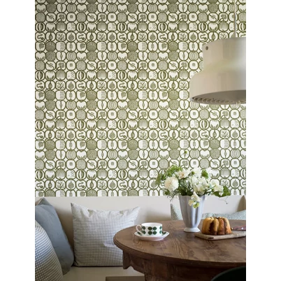 Boras Gyümölcs mintás retro zöld vlies tapéta Stig Lindberg Fruktlåda Green 53 cm X 10 m