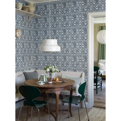 Boras Gyümölcs mintás retro kék vlies tapéta Stig Lindberg Fruktlåda Blue 53 cm X 10 m